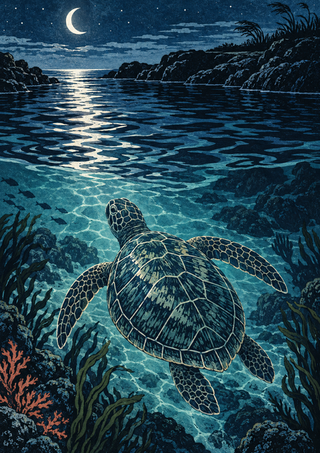 Sea turtle swimming through a dark turquoise cove beneath a crescent moon and its reflected light, with rocky shores and grasses.