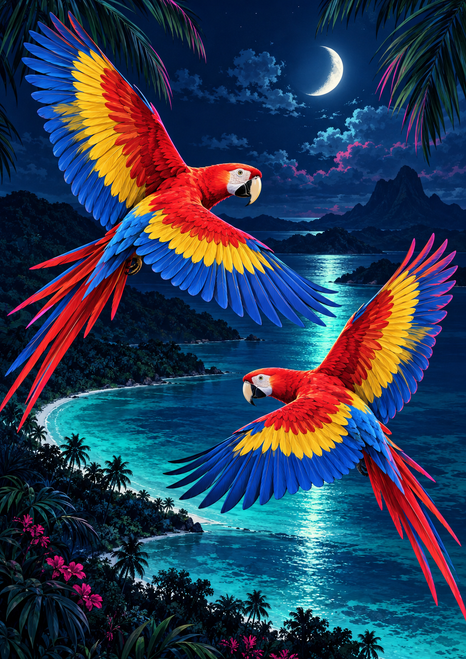 Two colorful macaws with spread wings fly above a turquoise lagoon among dark islands and palm fronds at night.