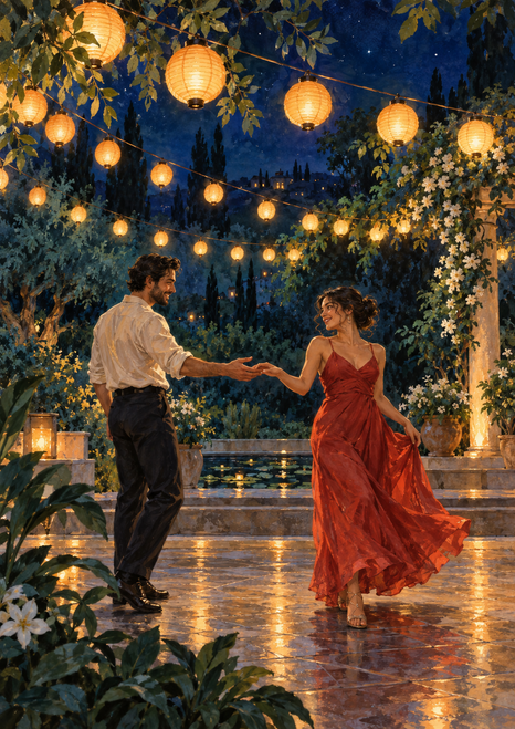 Two adults extend their hands to begin a dance on reflective garden paving beneath glowing lantern strings.