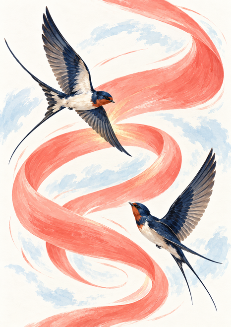 Two dark blue swallow-like birds fly around a looping coral-pink ribbon on a warm-white background with pale blue washes.
