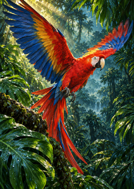 Scarlet macaw flying with wings extended and tail trailing above a wet jungle branch, framed by tropical leaves.