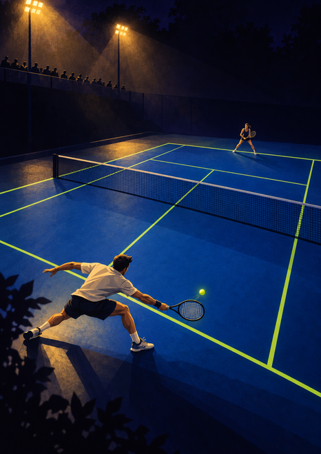 Two tennis players on a blue night court, with a net, glowing yellow-green ball, lime lines, amber floodlights, and spectator silhouettes.
