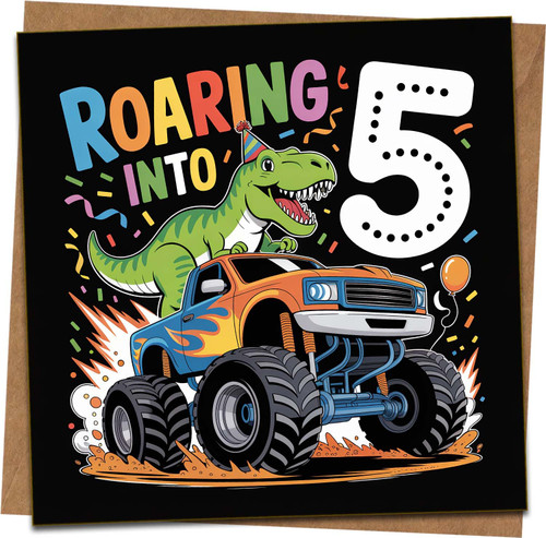 Roaring Into 5 Dinosaur Monster Truck 5th Birthday Card for Boys - Fun Kids Greeting Card with Confetti Design - 145mm x 145mm - Includes Kraft Envelope