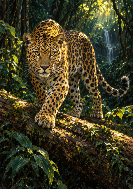 Golden leopard stepping over a diagonal fallen log in a dark, sunlit rainforest.