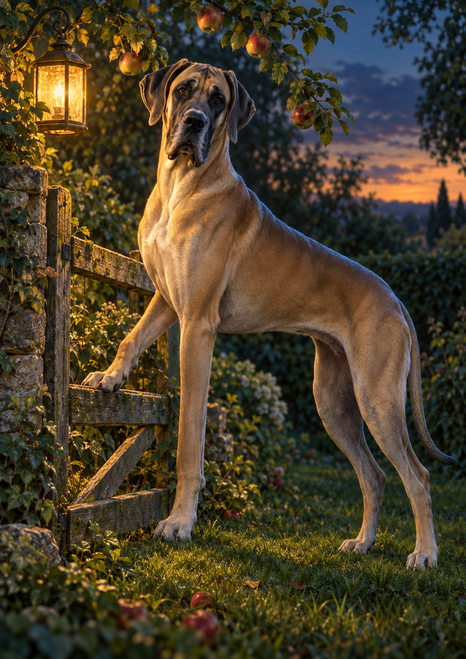 A fawn-colored Great Dane stands beside a weathered orchard gate beneath apple branches and a glowing lantern at dusk.