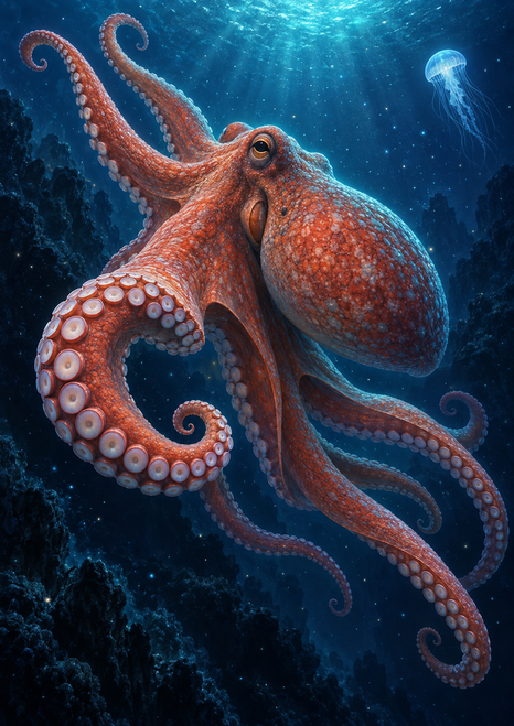 Large reddish-orange octopus with curling sucker-lined arms in dark blue water, with a small glowing jellyfish in the upper right.