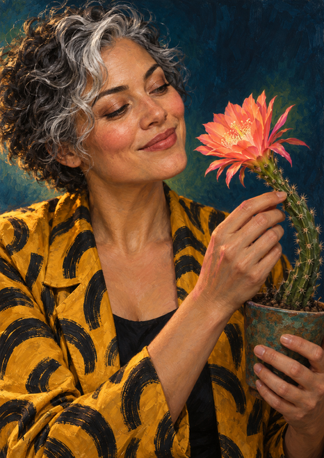 Adult woman with short silver-streaked curls admiring a coral cactus flower against a deep blue-green background.