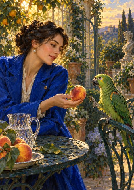 Woman in a cobalt coat offering a peach to a green parrot perched beside a garden table laden with fruit and a glass pitcher.