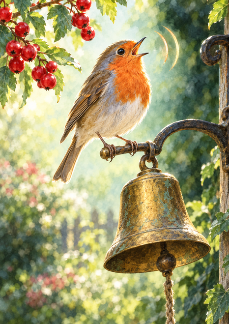 Orange-breasted robin with open beak perched on a narrow metal arm above a large brass bell, with red berries and leaves at upper left.