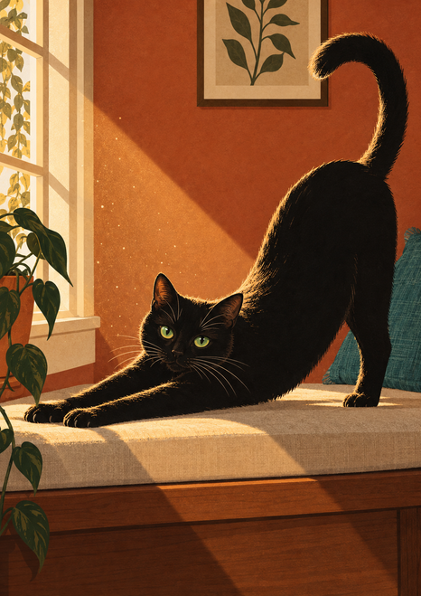 Green-eyed black cat stretching across a cushioned window seat in a golden sunbeam, beside a terracotta wall, plants, and teal cushion.