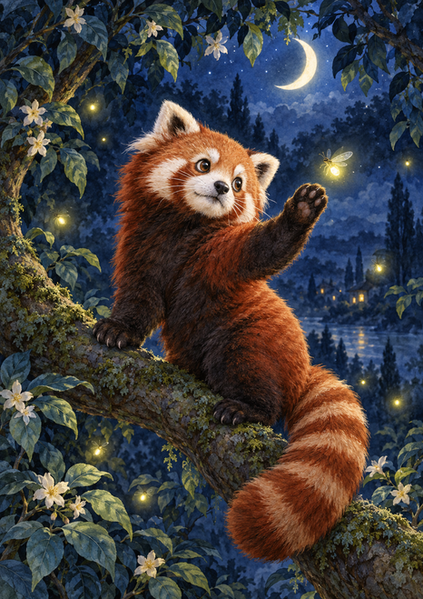 Rust-colored red panda reaching toward a glowing firefly from a branch beneath a crescent moon.