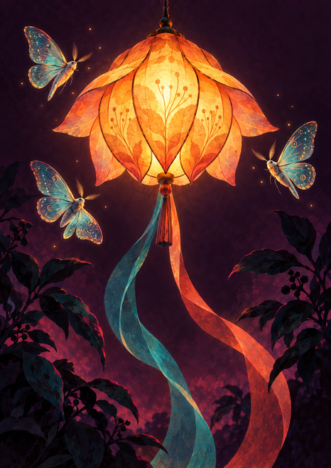 Glowing amber petal-shaped lantern with three blue-green moths and descending teal and coral ribbons against a deep plum background.