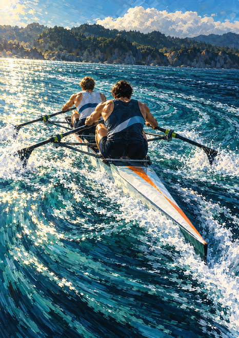 Two rowers viewed from behind in a narrow shell amid a curling foamy wake, wooded shoreline, and bright sky.