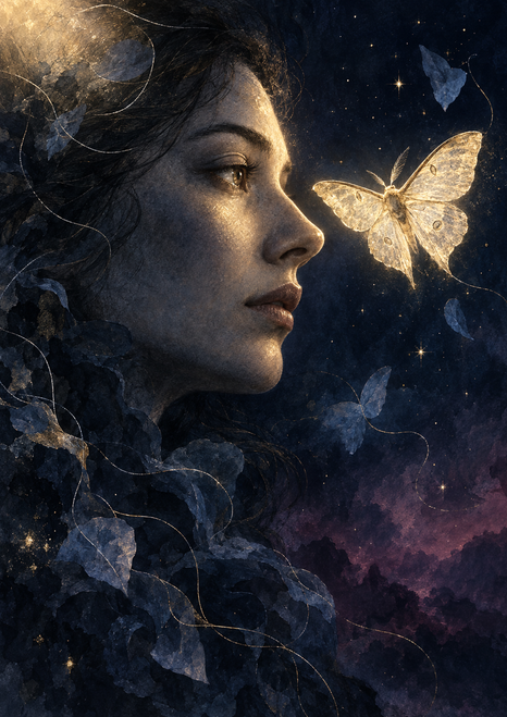 A calm right-facing adult profile looks toward a luminous pale-gold moth against a dark indigo field.