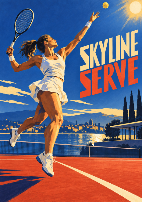 Adult woman tennis player in white leaping with raised racket toward a ball, with large SKYLINE SERVE lettering above a red-orange court.