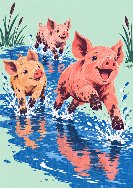 Three colorful piglets splash through a broad blue puddle against a pale mint background, with white spray and reed-like plants.