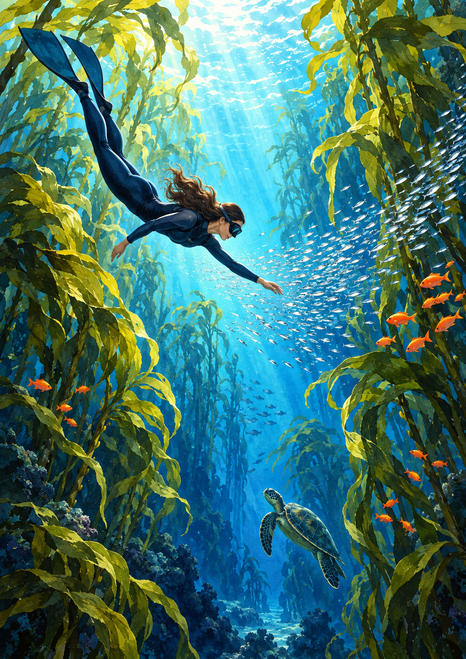 A free diver swims down through a bright kelp canyon toward a sea turtle, among silver and orange fish.