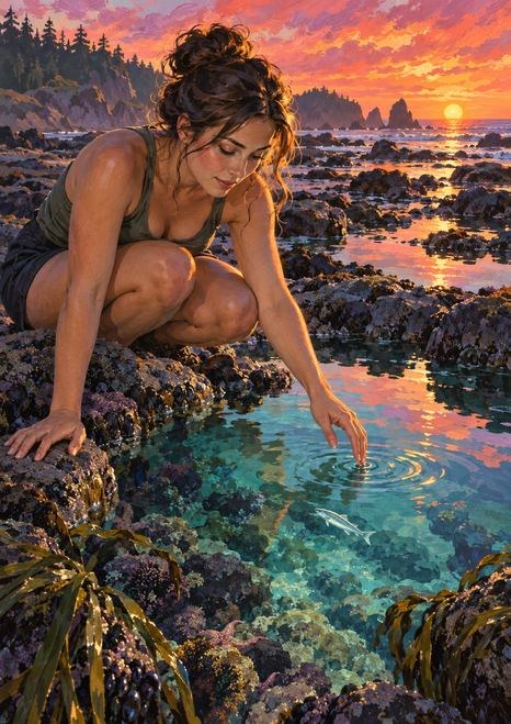 Adult woman crouching beside a turquoise tidepool at dusk, reaching toward a small silver fish amid luminous ripples and rocky shore.