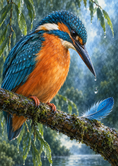Close-up kingfisher with blue-green wings and orange breast perched on a wet branch near droplets, with willow leaves and a blue feather-like shape.