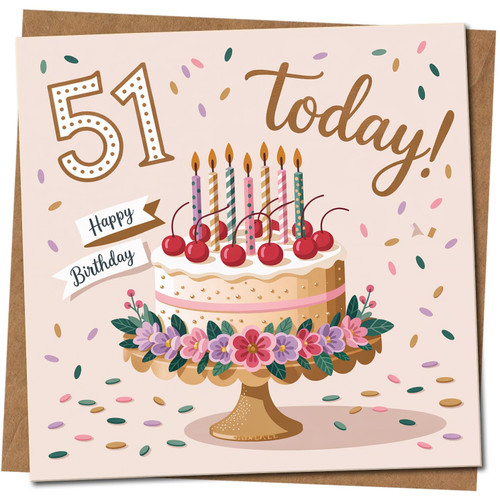 51st Birthday Card - 51 Today Cake, 145mm x 145mm Square, Includes Kraft Envelope