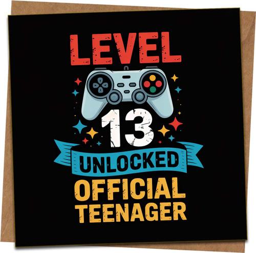 Level 13 Unlocked Birthday Card for Boys Girls Gamer - 13th Official Teenager Gaming Controller Design - 145mm x 145mm - Blank Inside - Includes Kraft Envelope