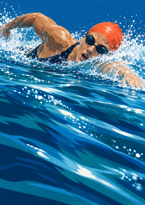 A swimmer in an orange cap and dark goggles performs freestyle amid white spray and sweeping blue currents.