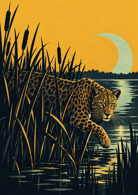 A spotted big cat peers from tall cattails beside reflective water beneath a pale crescent in a marigold sky.