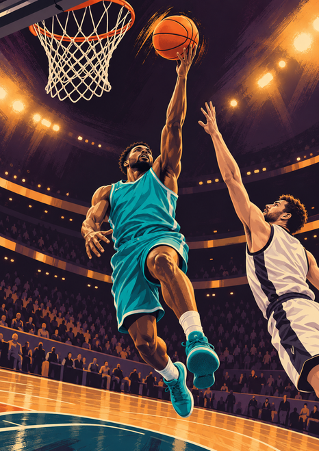 Turquoise-uniformed basketball player reaches toward the hoop with the ball as a white-uniformed defender contests from the right.