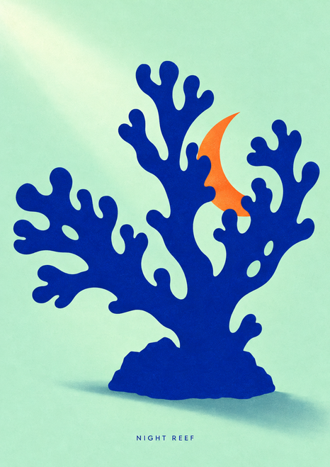 Ultramarine branching coral silhouette on pale mint, with an orange crescent, cast shadow, and small “NIGHT REEF” text.