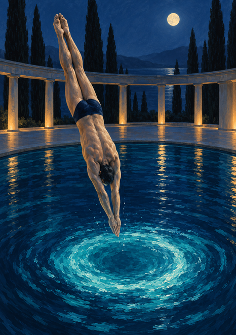Adult diver descending headfirst toward a turquoise ring of ripples in a moonlit pool beside a colonnade.