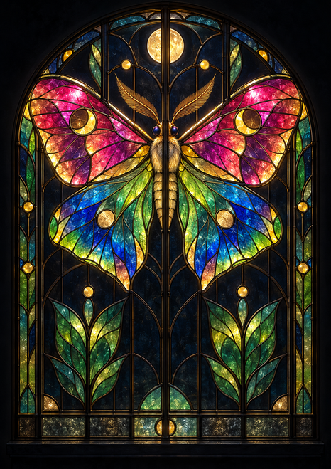 Jewel-colored moth with outstretched wings centered in a dark arched stained-glass window, with a round pane above and leafy panes below.