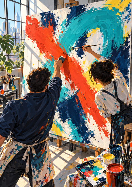 Two adult painters seen from behind work on a large abstract canvas in a bright loft studio with windows, plants, brushes, and paint containers.