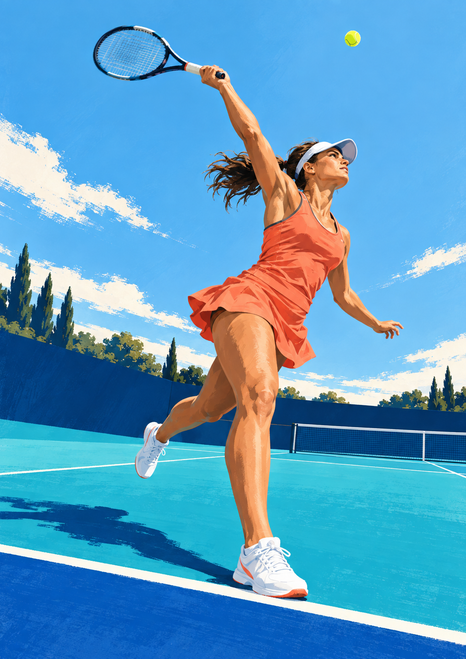 Adult woman tennis player in coral sportswear and a white visor airborne after a serve, racket raised overhead and yellow ball above a blue court.