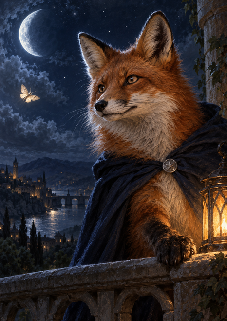 A cloaked russet fox rests a paw on a stone balcony rail beneath a crescent moon, looking toward a small glowing insect, with a distant settlement and lantern.