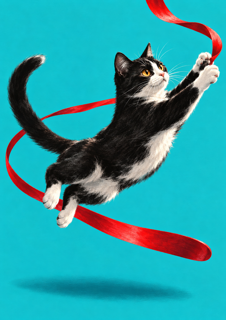 Black-and-white cat with amber eyes leaping toward a looping scarlet ribbon on a turquoise background.