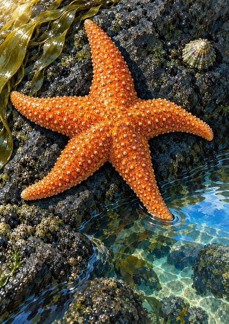 Five-armed orange sea star on wet dark rock beside blue-green tidepool water, kelp, and a small limpet.