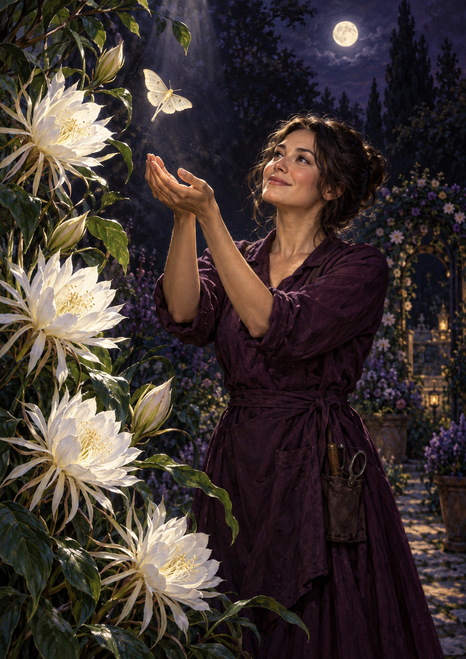 Adult woman in a dark plum dress looks up at a pale moth hovering above her cupped hands, with white flowers and a moonlit garden path.