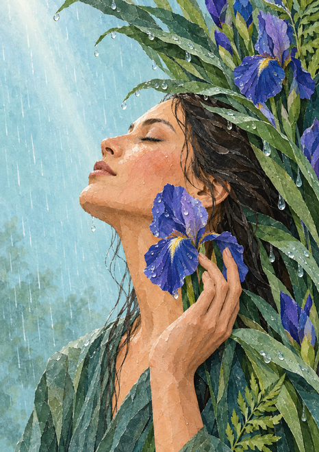 Adult woman in profile closes her eyes and lifts her face toward rain while holding a violet-blue iris beside her cheek, framed by dark leaves and more flowers.