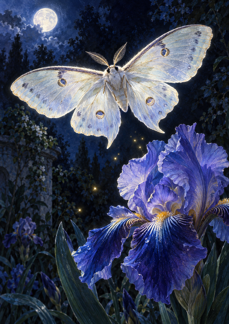 A pale moth with spread wings floats above a large violet-blue iris in a moonlit garden.