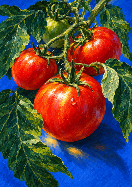 Three glossy red tomatoes with a water droplet hang among green leaves and curling stems against a blue background.