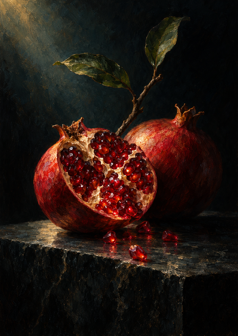 Split pomegranate with glowing ruby-red seeds in front of an intact fruit, with scattered seeds, a two-leaf branch, and a dark stone surface.