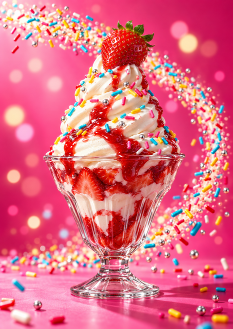 A strawberry-topped vanilla sundae in a clear glass, surrounded by a sweeping arc of colorful sprinkles against pink.