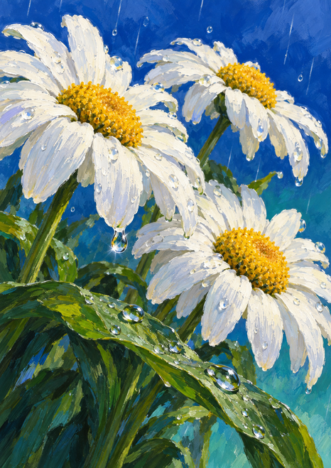 Three white daisies with yellow centers and water droplets bend across a vivid blue background above glossy green leaves.