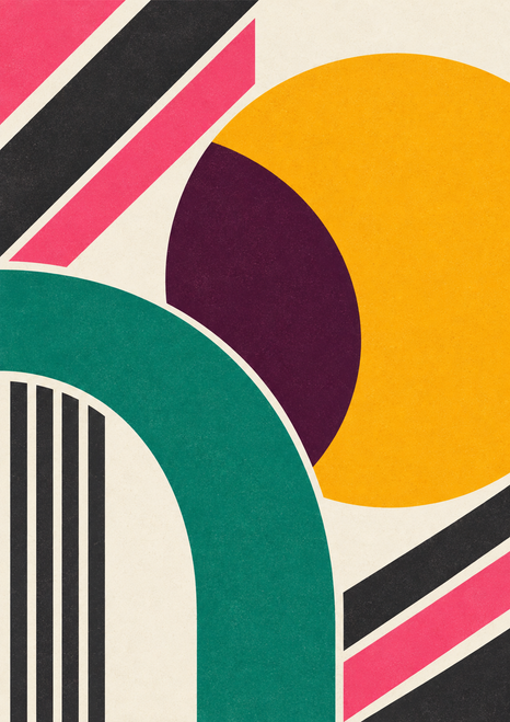 A marigold-yellow disk and plum curve overlap above a jade-green arch, with colorful diagonal bands and vertical stripes.