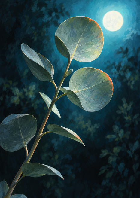 Rounded blue-green leaves on a curved branch lit by a full moon against a dark teal garden.
