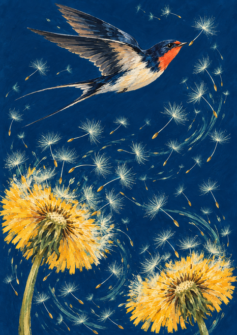Swallow-like bird flying among pale drifting seeds above two yellow dandelion heads on a deep blue background.