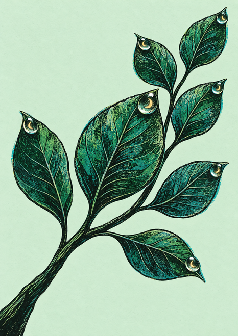 Dark curving branch with seven teal-green leaves, each bearing a bright crescent-like bead mark, on pale celadon.