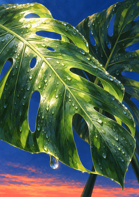Two overlapping green monstera leaves covered in droplets against a vivid blue background with a coral-orange strip below.