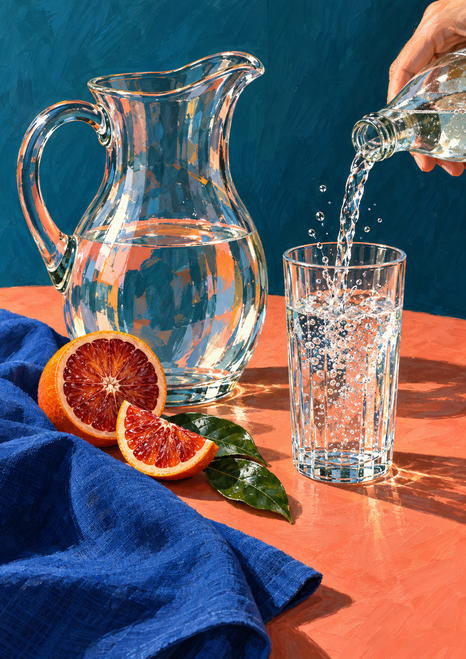 Hand pours water from a bottle into a tall tumbler beside a clear pitcher, blood-orange halves, leaves, and cobalt cloth.