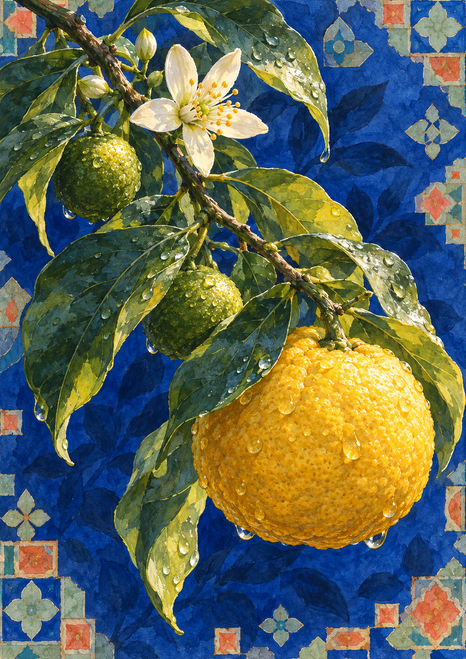 Golden citrus fruit, two green fruits, and a white blossom on a rain-beaded branch against cobalt blue tile-like motifs.